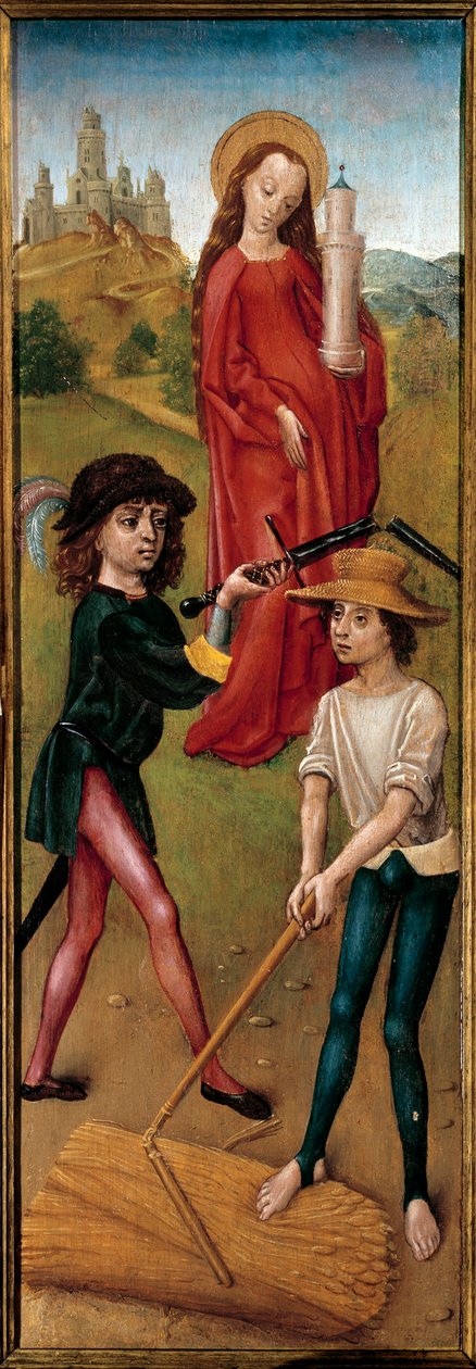 Szent Barbe és két paraszt kaszálják a blest A Spanyol Iskola fára festett festménye. 15. század. Párizs, díszítőművészet alkotó: Spanish School