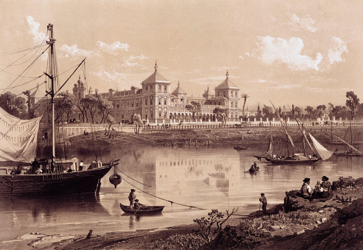 Sevilla, San Telmo palota a Guadalquivir folyó partján. Andalúzia, Spanyolország (XIX. század). Madrid, Nemzeti Könyvtár. alkotó: Spanish School