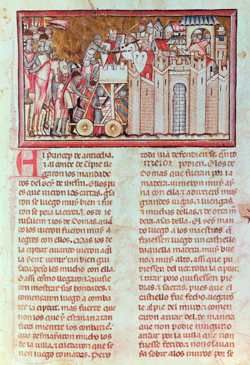 Aynart király által védett Belina város ostroma és megtámadása a „Gran conquista de ultramar” (vellum) kéziratból alkotó: Spanish School