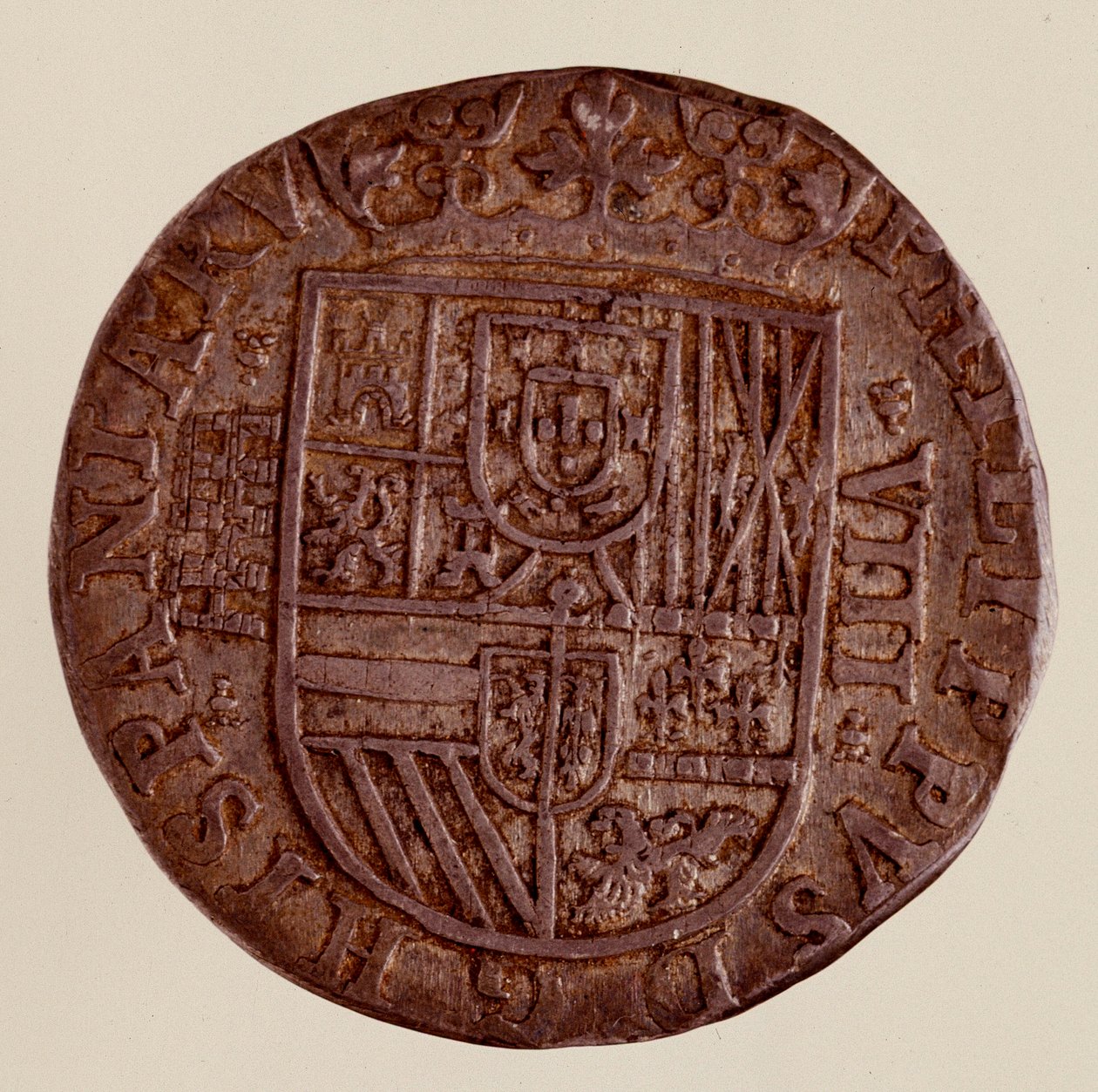 Ezüst érme (8 real) Spanyolországból: II. Fülöp (Filippo vagy Philippe) uralkodása (1556-1598). 1589 átm. 3,5 cm Nápoly, museo archeologico alkotó: Spanish School