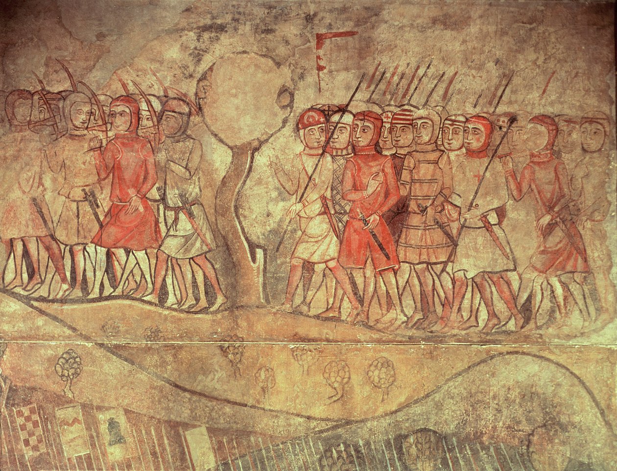 Katonák I. Jakab király (1208-76) seregéből, gyalogos katonák csoportja íjakkal és lándzsákkal, részlet a barcelonai Palacio Reale falfestményéről (falfestmény) alkotó: Spanish School