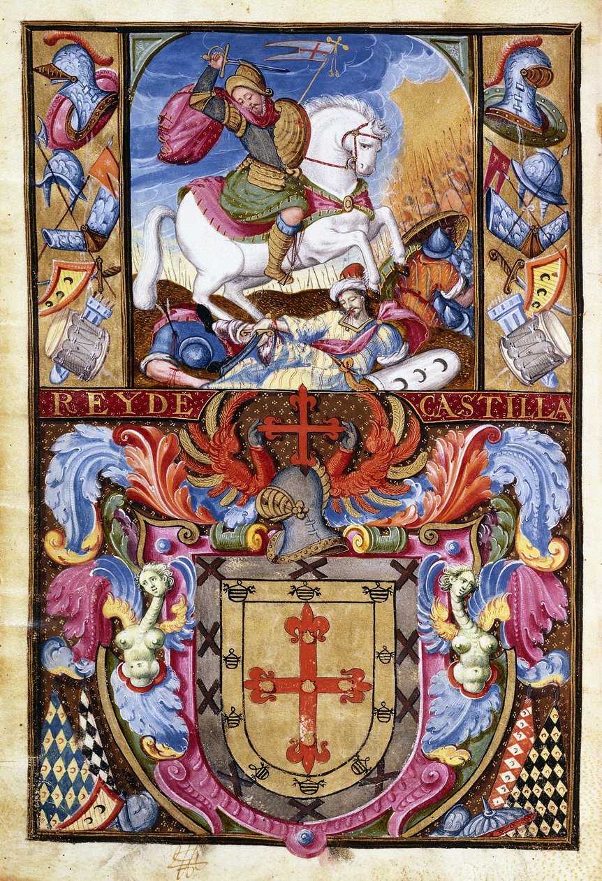 Szent Jakab fehér lovon, lovaglás a mórok holttestén és a Gomez család címere, 1606 alkotó: Spanish School