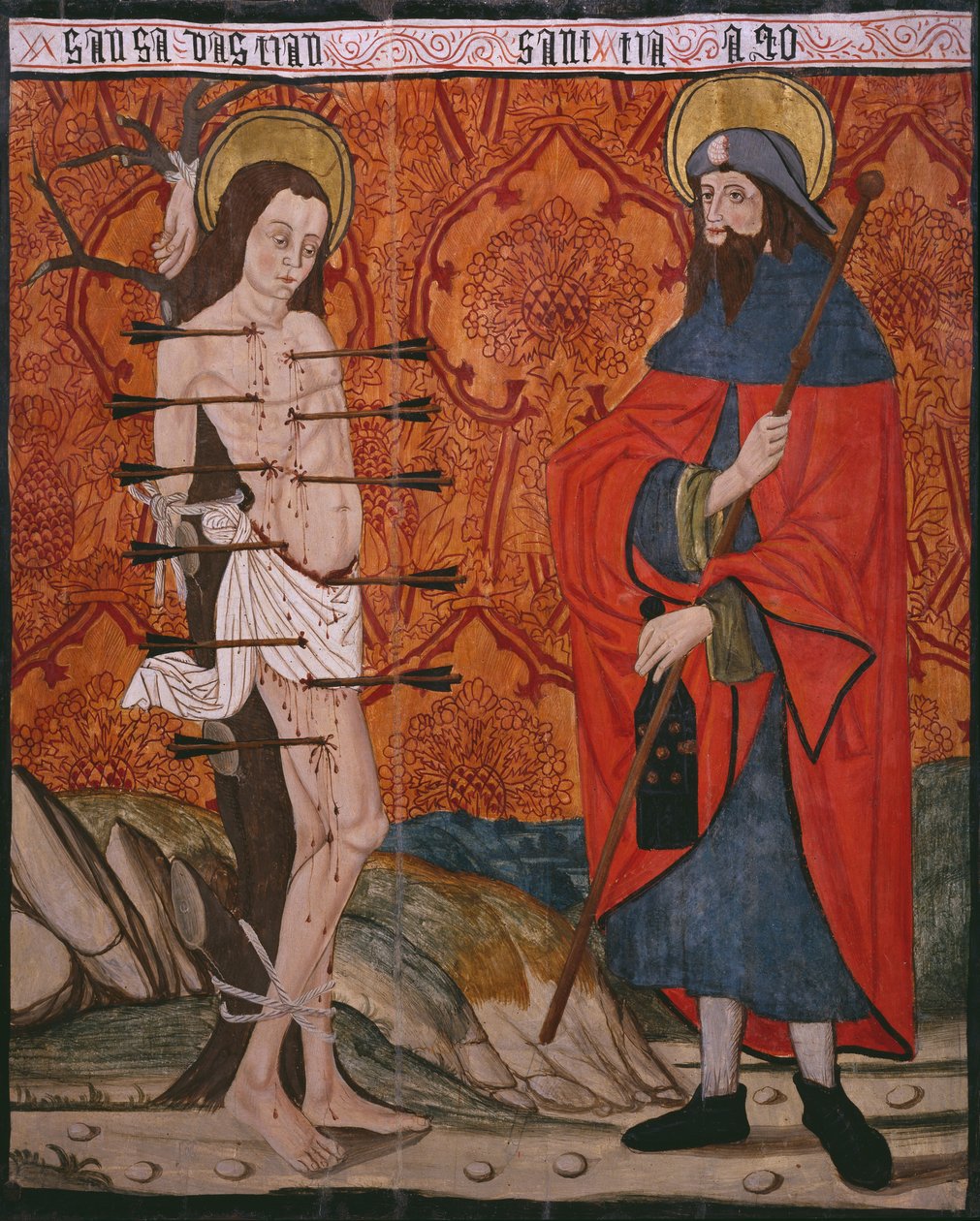 Szent Sebestyén és Nagy Szent Jakab, tábla a San Andres of Tortura templomból, 15. század vége-16. század eleje (festett fa) (lásd még: 345849) alkotó: Spanish School