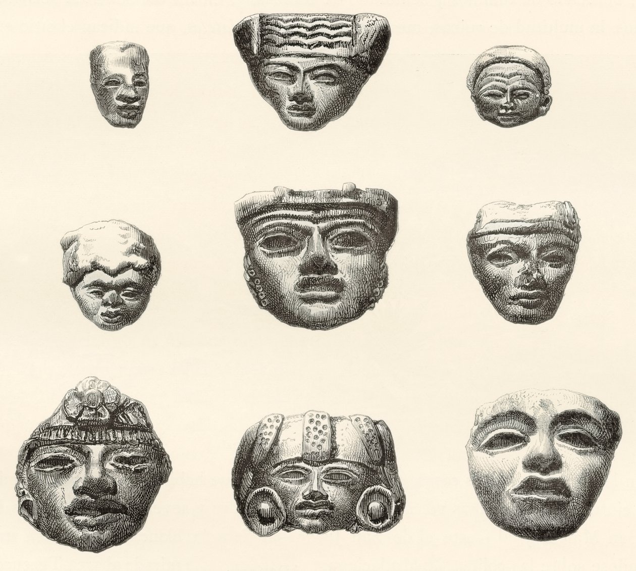 Kőfejeket és maszkokat talált a mexikói Teotihuacanban Desiré Charnay 1880-1883-as expedíciója során. alkotó: Spanish School