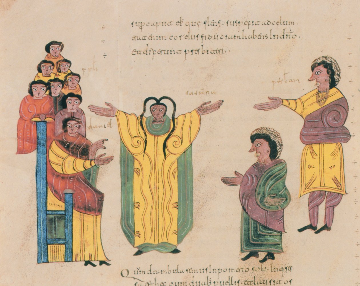 Susanna and the Elders, Szent Izidor vizigót-mozarab Bibliájából, fol.324v., A.D. 960 (tempera on vellum) alkotó: Spanish School