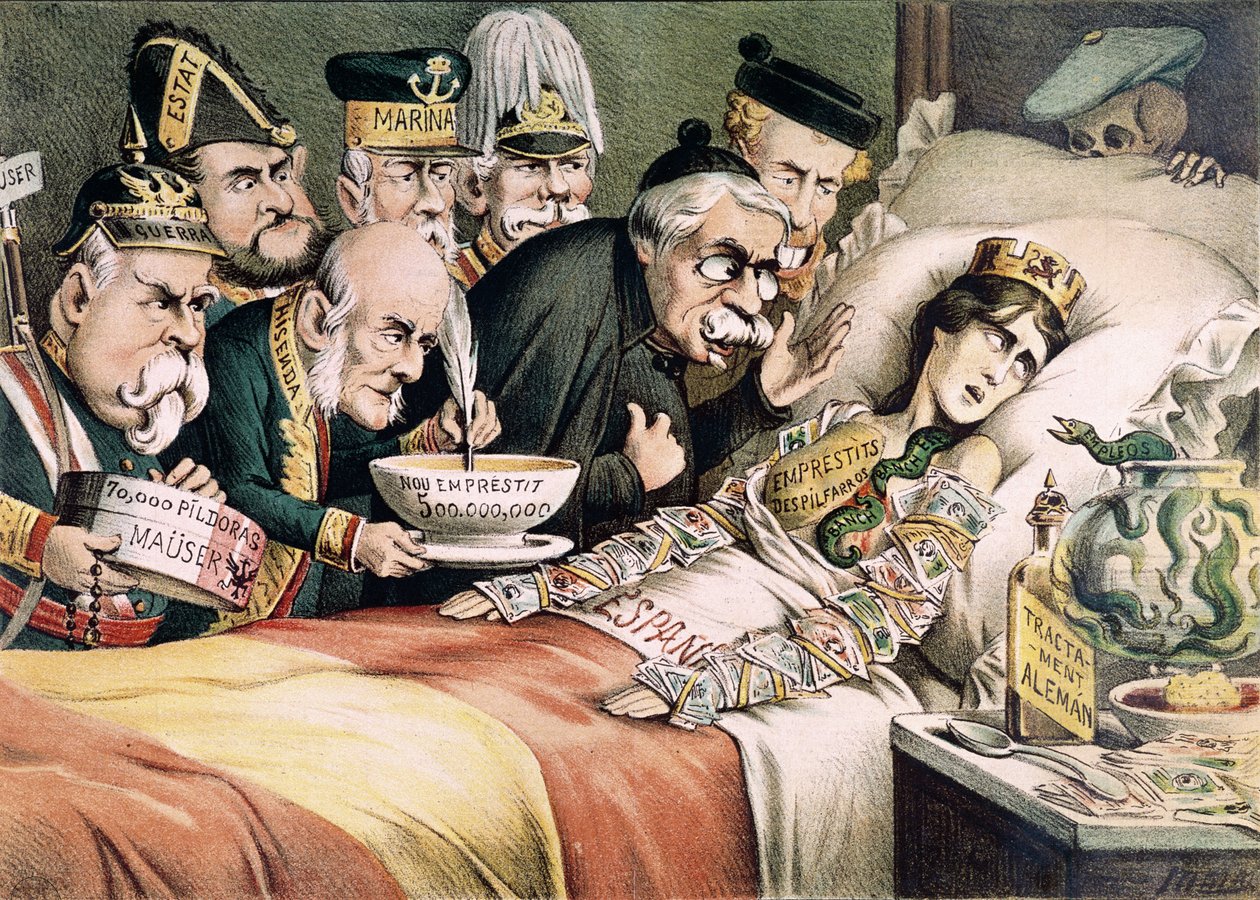 Egy mártír gyötrelme, karikatúra a spanyol gazdasági válságról, 1892 alkotó: Spanish School