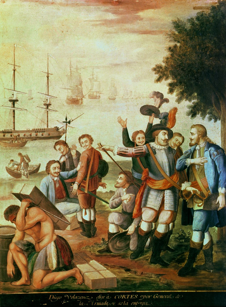 Mexikó meghódítása: Diego Velasquez de Cuellar (1465-1524) Hernando Cortes-t (1485-1547) választja az Armada tábornokává, és parancsnokságot ad neki (olaj, vászon) alkotó: Spanish School