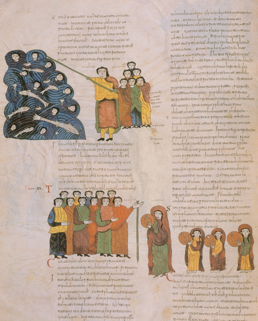 A Vörös-tengeren való átkelés és a héber nők tánca Mózes és kísérői tamburájának hangjára, Szent Izidor vizigót-mozarab Bibliájából, 39. fol., i.sz. 960 (tem) alkotó: Spanish School