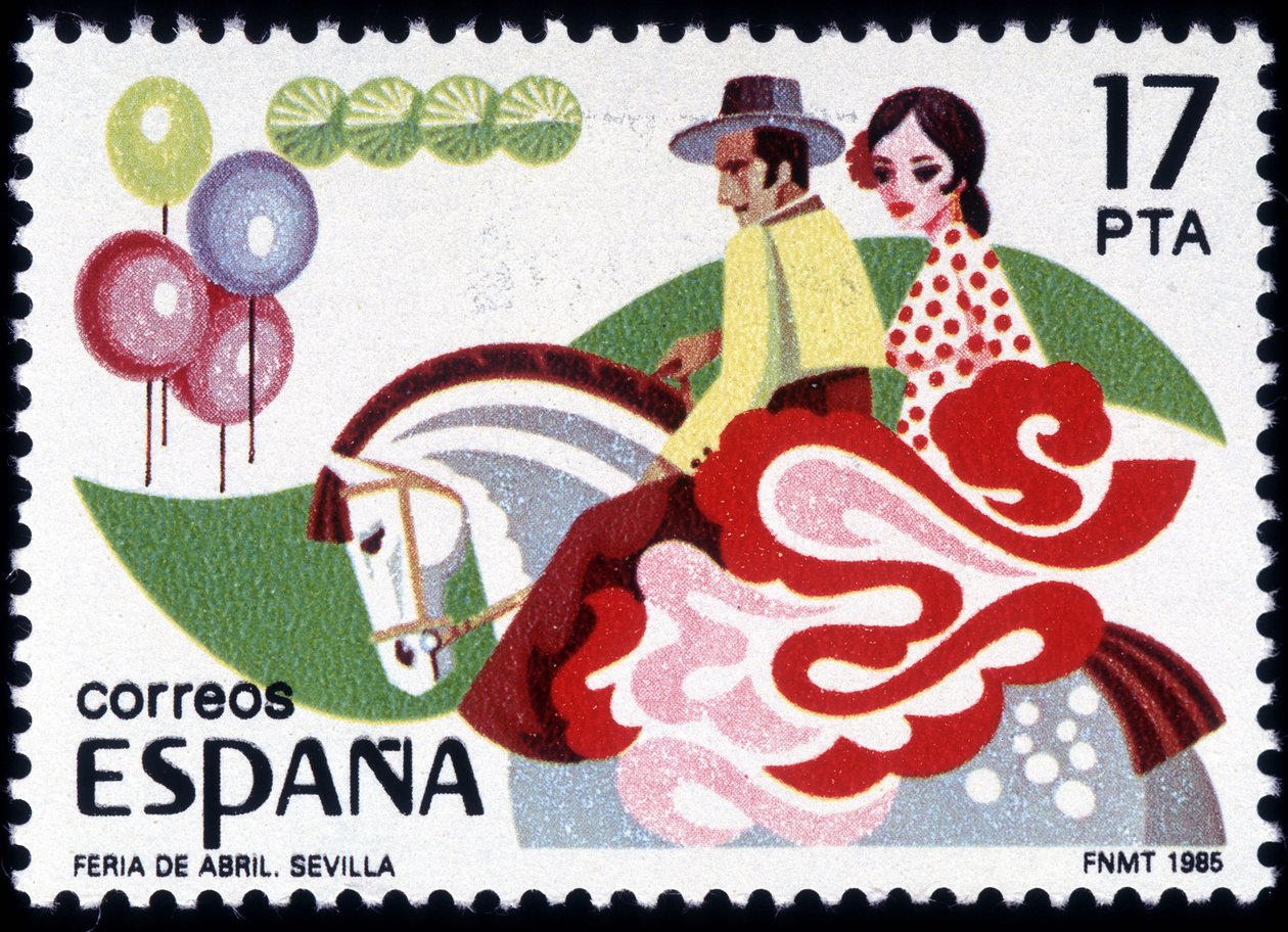 A sevillai Feria: népviseletes pár lóháton - spanyol bélyeg alkotó: Spanish School