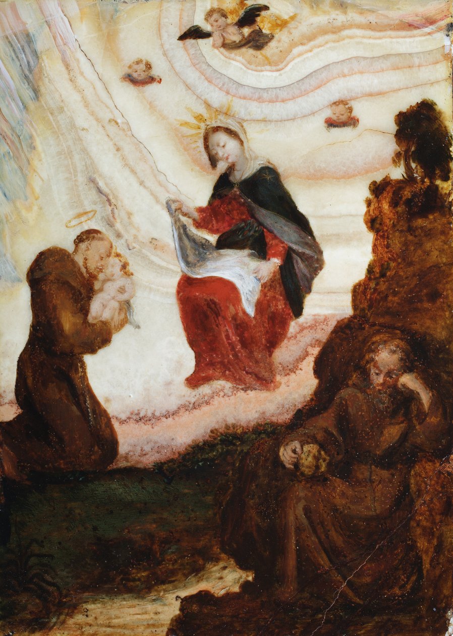 A Madonna és gyermeke Szent Ferenc előtt (olaj) alkotó: Spanish School