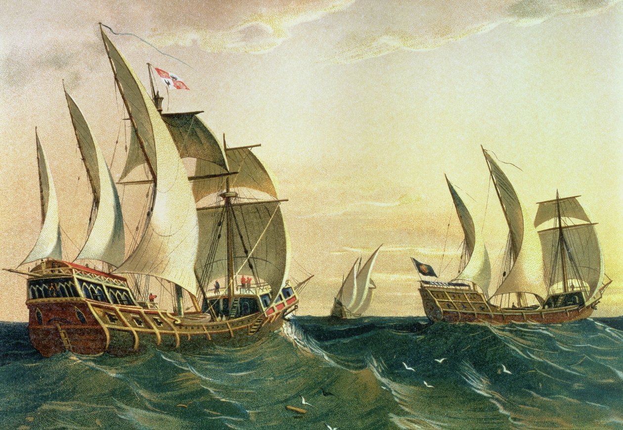 A "Pinta", a "Nina" és a "Santa Maria" Nyugat-Indiák felé hajózik 1492-ben, az Amerika felfedezéséből alkotó: Spanish School