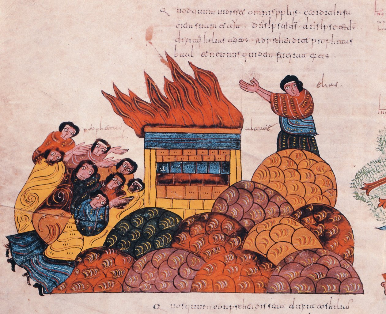Illés próféta a Kármel-hegyen imádkozik Izráel Istenéért, hogy igazat adjon Baal papjai előtt, és tűz hull le az égből (I. Királyok 18), fol.145v., a vizigót-mozarab Szent Bibliából. alkotó: Spanish School