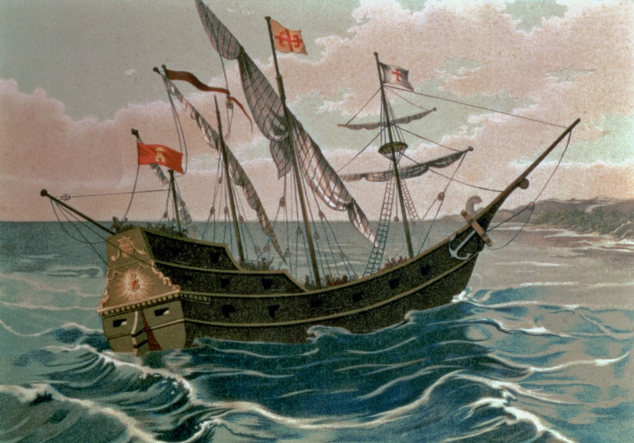 A Santa Maria közeledik az új világ partjához 1492-ben, a "The Discovery of America"-ból, kocsma. Barcelona alkotó: Spanish School
