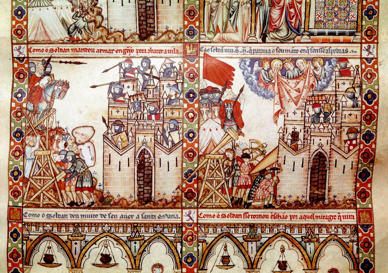 A szaracénok egy keresztény várost ostromoltak Részlet a Mária énekének (Cantigas de Santa Maria) kéziratának egyik oldaláról, Szent Máriának és csodáinak szentelt miniatúrákat díszítve, Alfons uralkodása alatt újjáéledő dalgyűjtemény alkotó: Spanish School