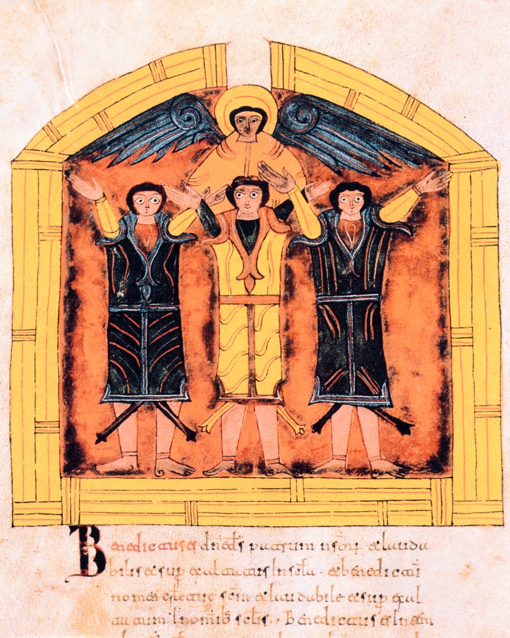 A három héber, Sidrák, Mesák és Abed-négo, amelyet Nabukodonozor öntött a kemencébe, a 318v. fol., Szent Izidór vizigót-mozarab Bibliájából, Kr.u. 960 (tempera pergamen) alkotó: Spanish School