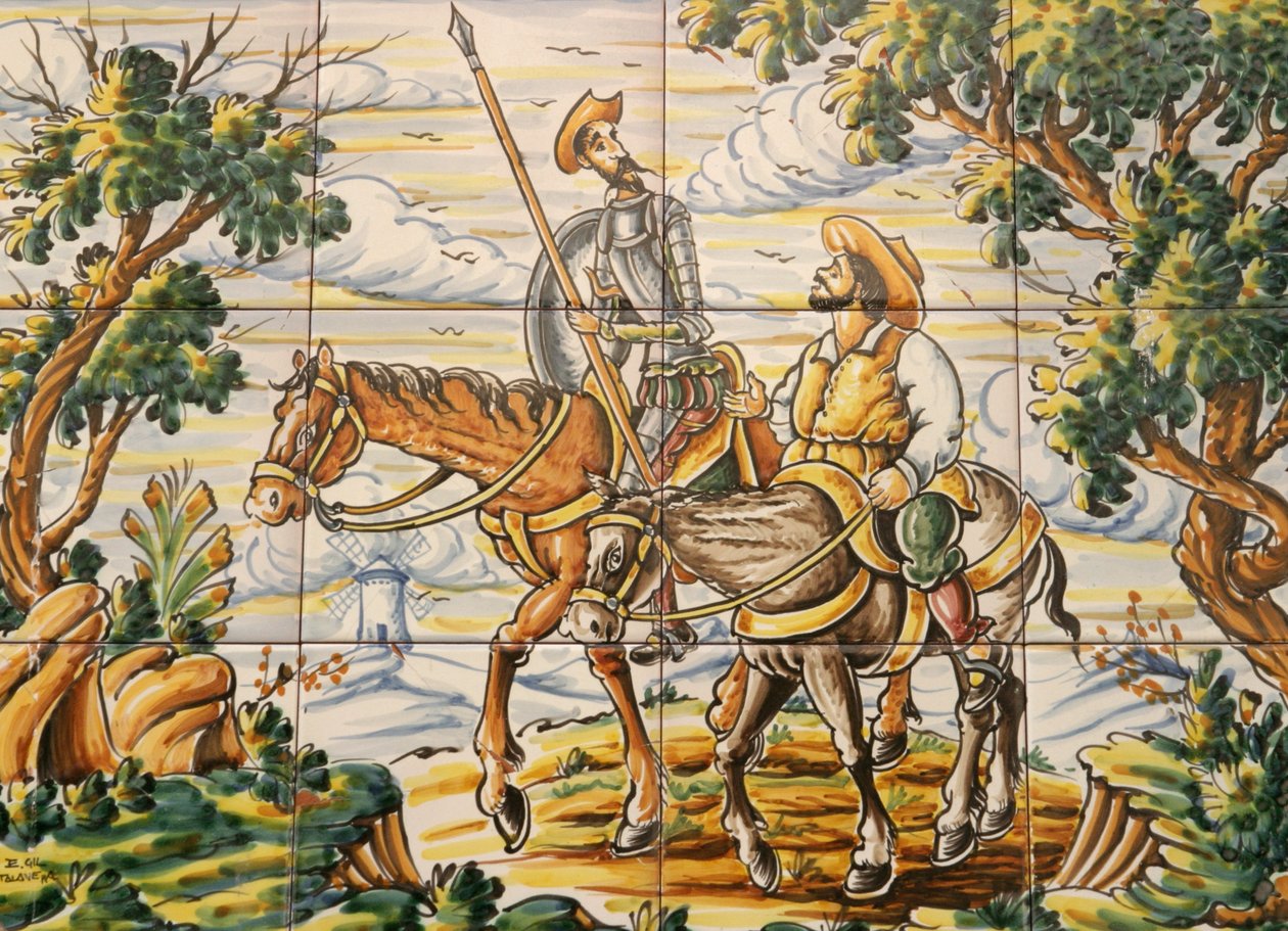 Don Quijotét és Sancho Panzát ábrázoló csempe (kerámia) alkotó: Spanish School