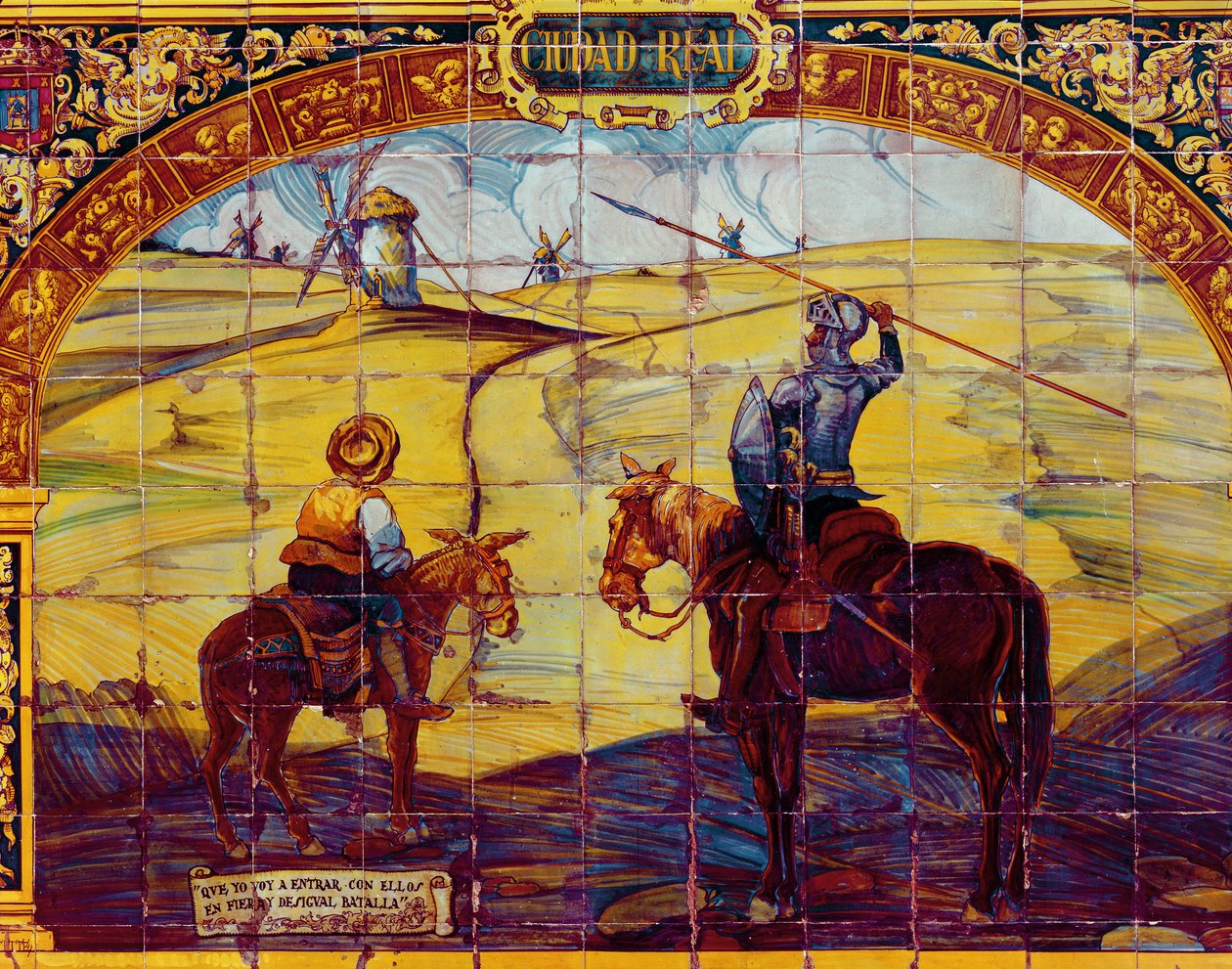 Don Quijotét és Sancho Panzát ábrázoló csempék, amik a szélmalmok megtámadására készülnek (kerámia) alkotó: Spanish School