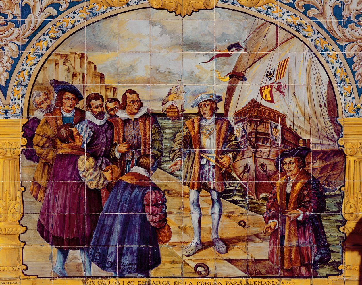 I. Károly spanyol királyt ábrázoló csempe, amint 1520-ban hajóra készül La Coruna kikötőjéből, hogy elfogadja Szent-római császárrá választását (kerámia) alkotó: Spanish School