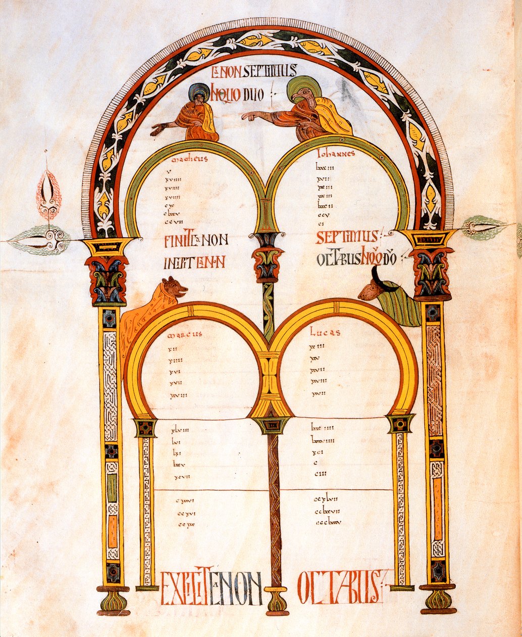 Máté, Márk, Lukács és János evangéliumának címlapja, Szent Izidór vizigót-mozarab Bibliájából, fol.402v., A.D. 960 (tempera on vellum) alkotó: Spanish School