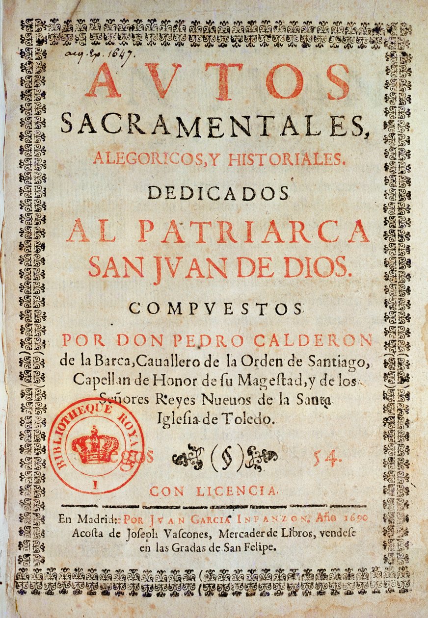 Címlap a Los Autos Sacramentalesből, Pedro Calderon de la Barca (1600-81), szerkesztette: Juan Garcia Infanzon, 1690 (nyomtatott papír) alkotó: Spanish School