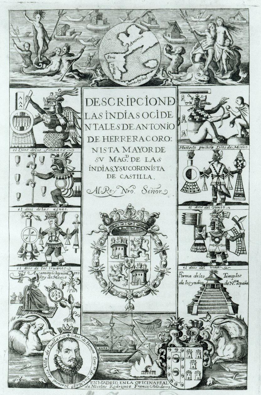 Antonio de Herrera y Tordesillas Nyugat-Indiák leírásának címlapja, madridi kiadás, 1725 alkotó: Spanish School