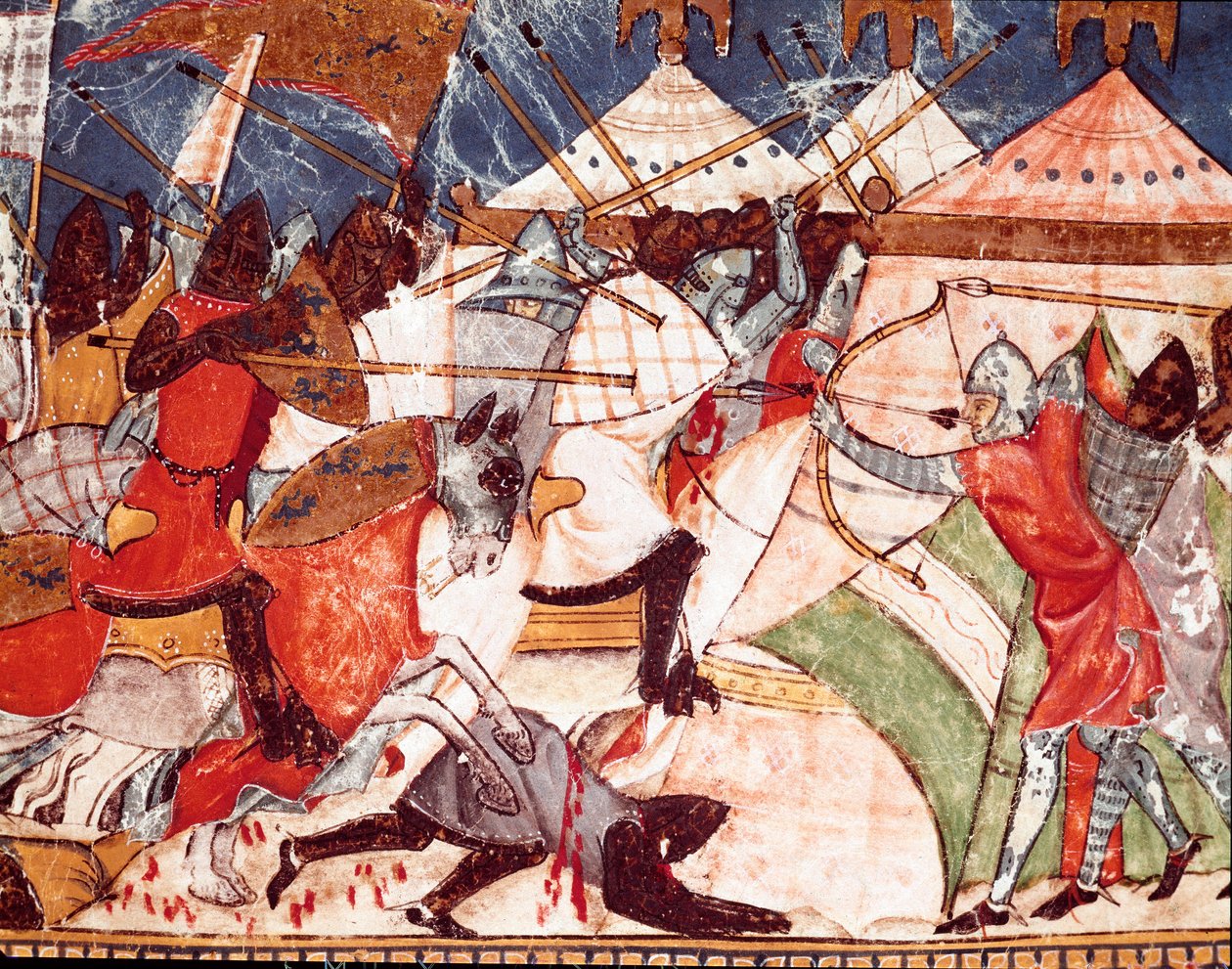Trójai háború: Trójaiak támadják meg a görög harcosok katonai táborát. Részlet egy miniatűrről a „Codex Benito de Santa Mora” spanyol kéziratból alkotó: Spanish School