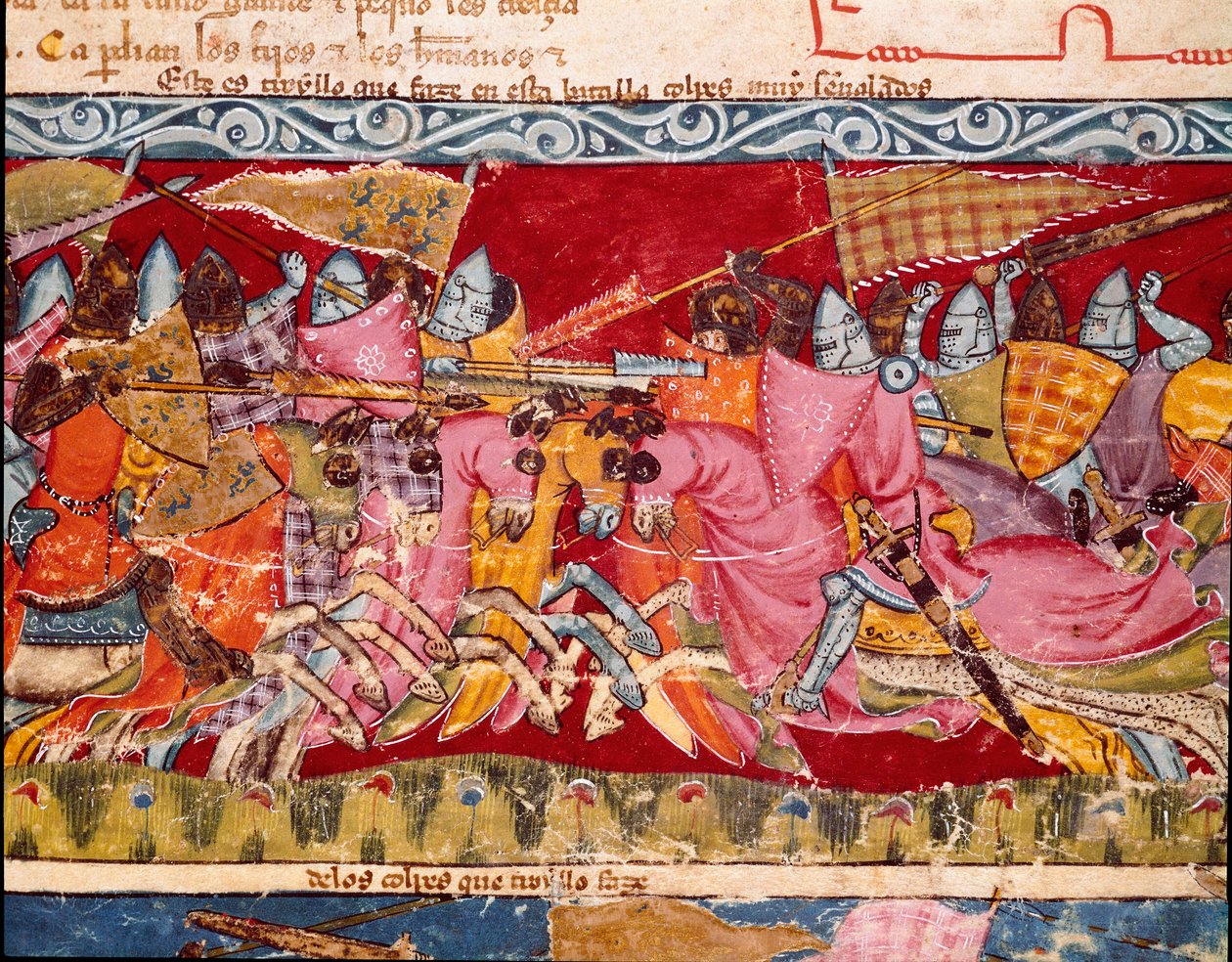 Trójai háború: csata a görögök és a trójaiak között. Részlet egy miniatűrről a „Codex Benito de Santa Mora” spanyol kéziratból alkotó: Spanish School