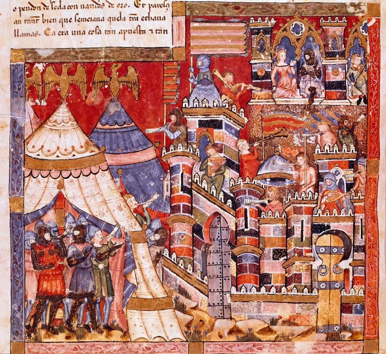 Trójai háború: Trója városa és a görög tábor. Részlet egy miniatűrről a „Codex Benito de Santa Mora” spanyol kéziratból alkotó: Spanish School