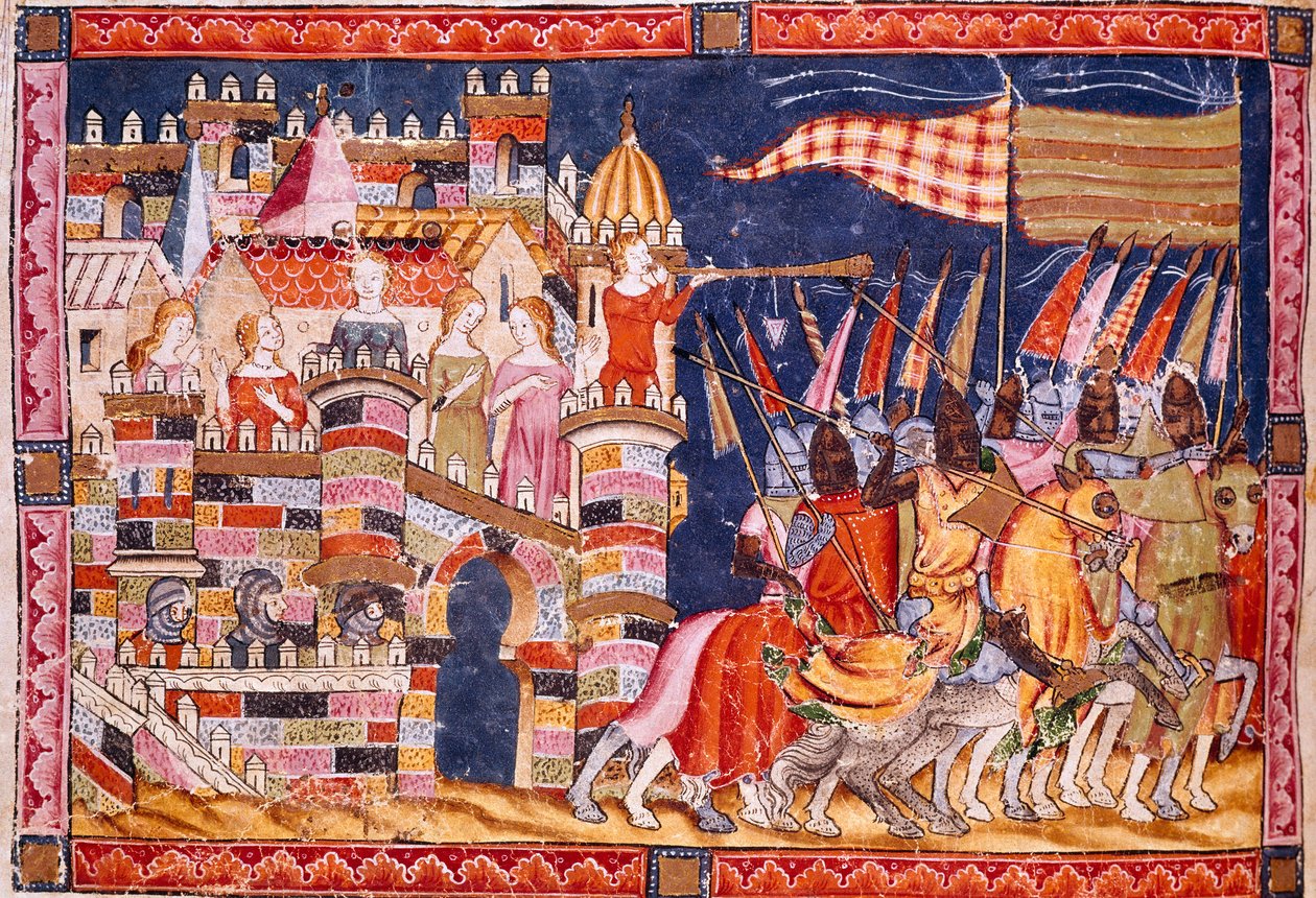 Trójai háború: Trója városa és a harcba induló trójai sereg. Részlet egy miniatűrről a „Codex Benito de Santa Mora” spanyol kéziratból alkotó: Spanish School