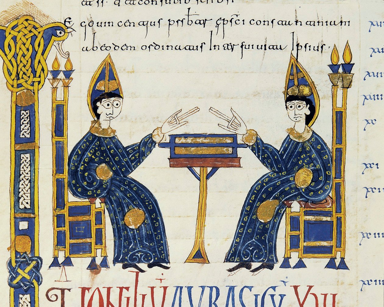 Két katolikus püspök ül egy kézirat előtt, miniatűr a Glosas Emilianensesből, 992-994 (világított kézirat) alkotó: Spanish School