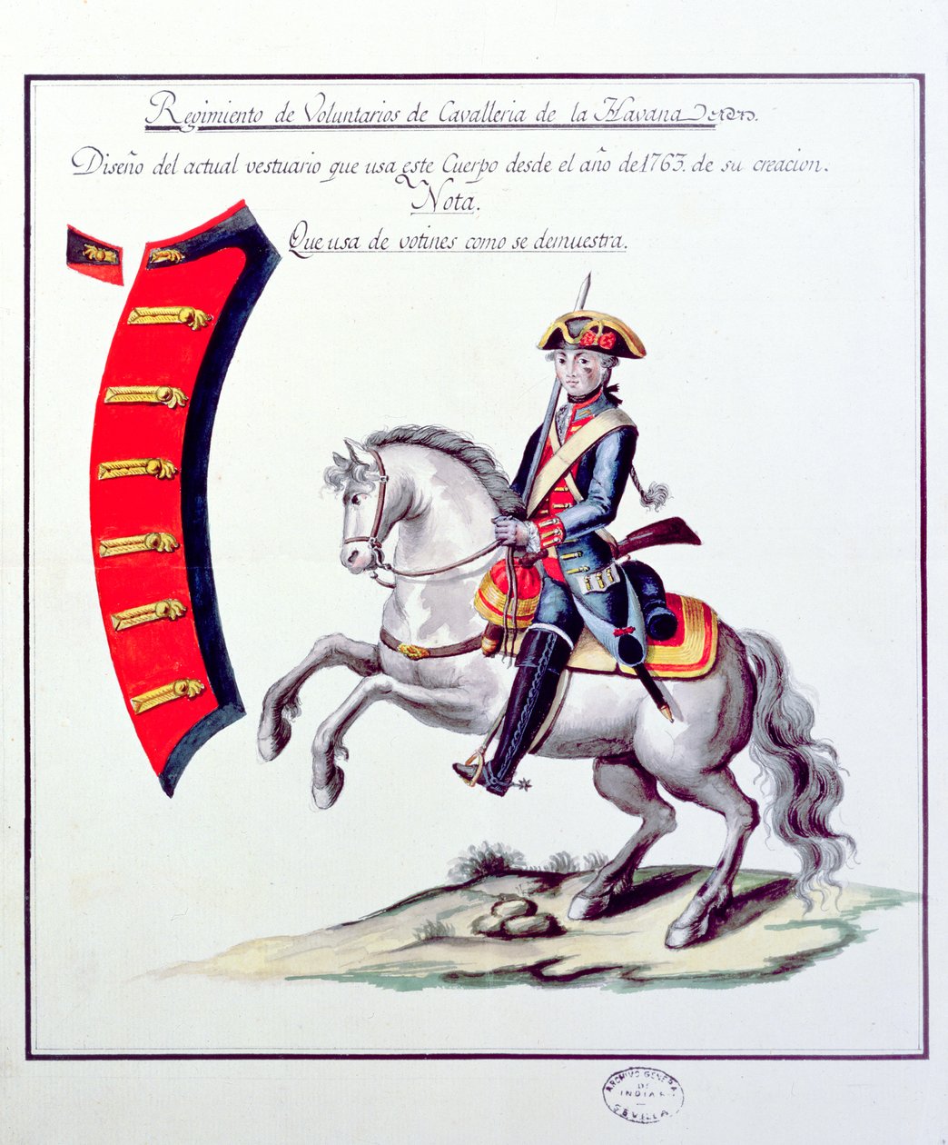 A Havanna Lovasezred önkénteseinek egyenruha, 1763 (nyomtatás) alkotó: Spanish School