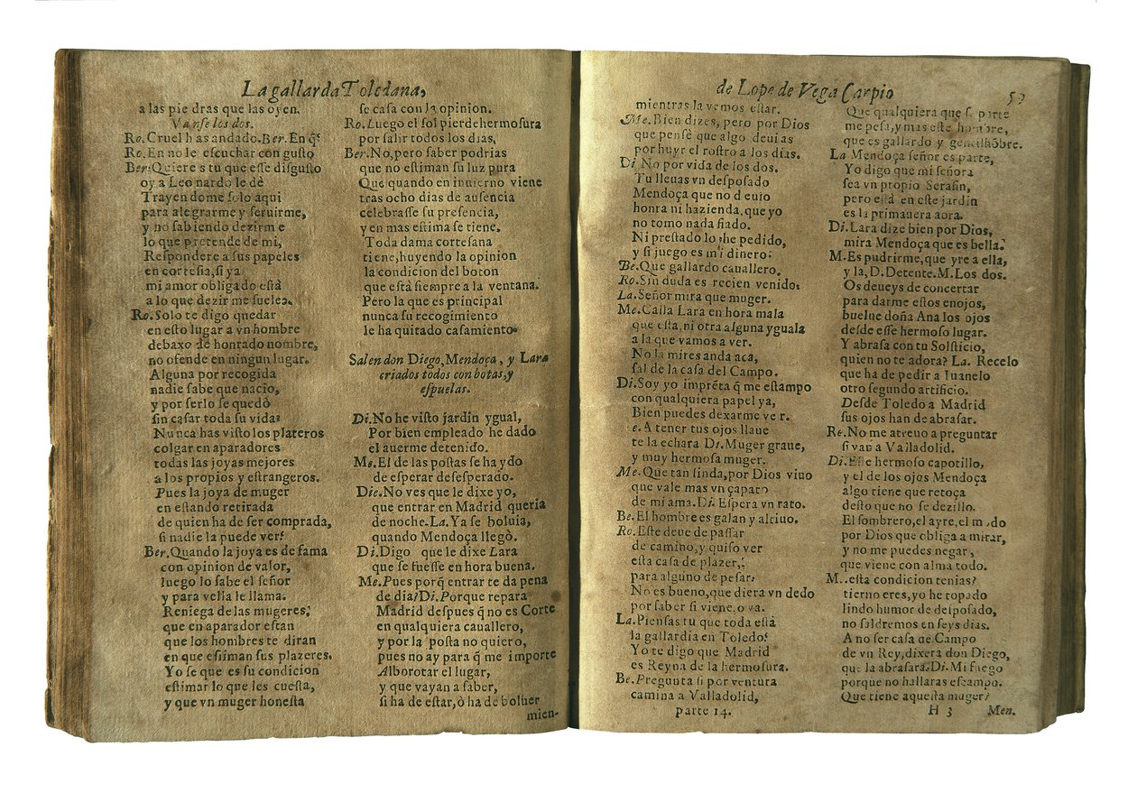 VEGA CARPIO, Felix Lope de (1562-1635). La gallarda toledana", Lope de Vega komédiája, amely szerepel a "Parte catorze de las comedias de Lope de Vega" című összeállításban, amelyet Fernando Correa Montenegro özvegye szerkesztett Madridban (1621). Fényképe alkotó: Spanish School
