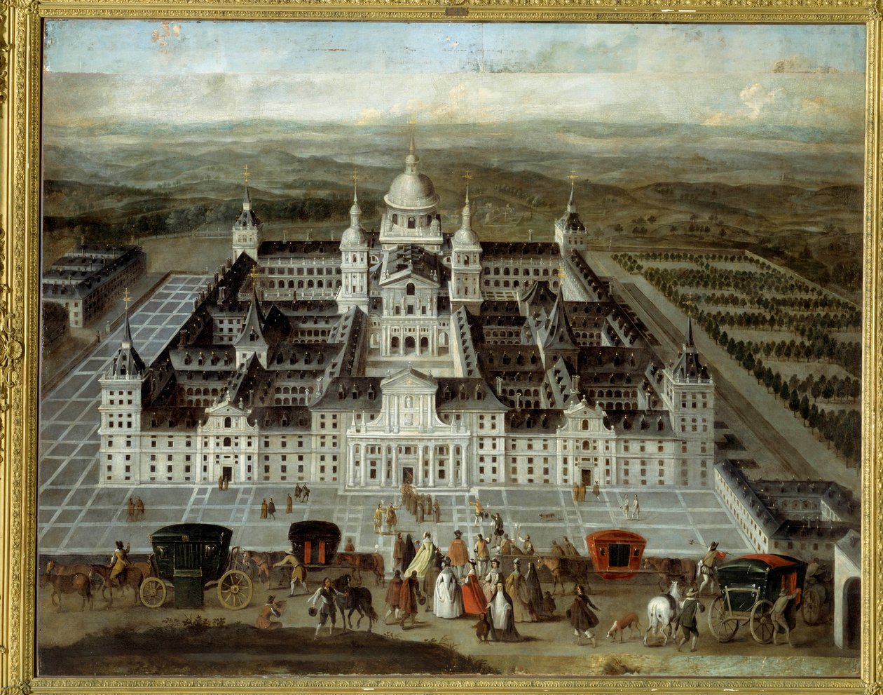 Kilátás a spanyolországi Escorial palotára, amelyet II. Fülöp épített a 16. században. Névtelen spanyol festészet a 17. századból. Olajfestmény. Mérete: 1,89 x 2,41 m. alkotó: Spanish School