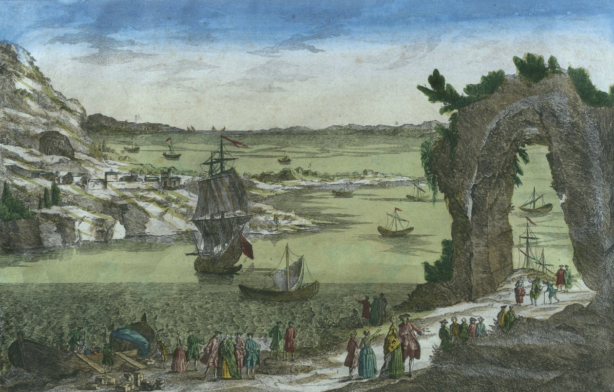 Kilátás a francia partraszállásról az új kolónia létrehozására New Cayenne kikötőjében, Francia Guyana, 1762 alkotó: Spanish School