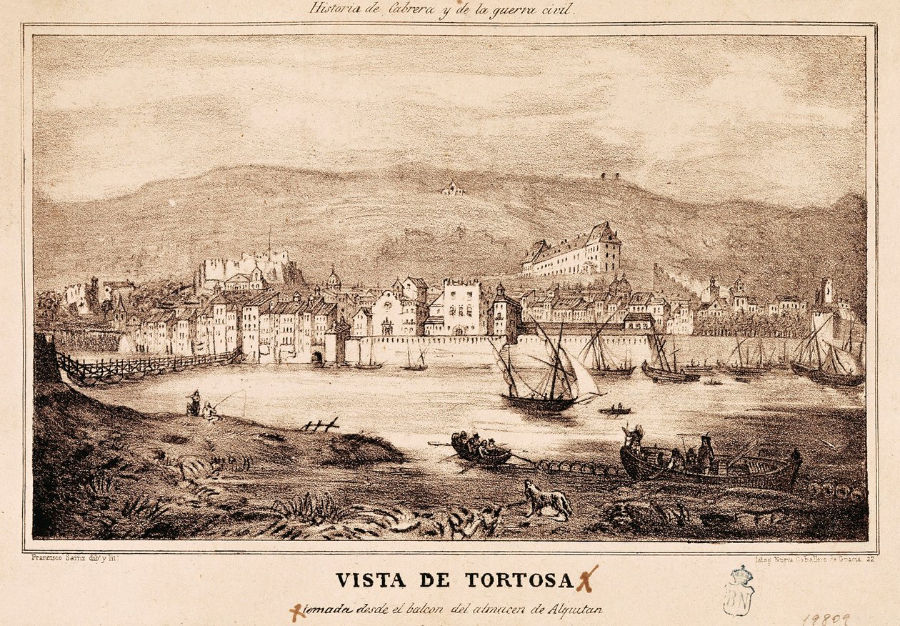Tortosa városának kilátása Spanyolországban, Damaso Calbo és Rochina de Castro "Cabrera és a polgárháború története" című művében alkotó: Spanish School