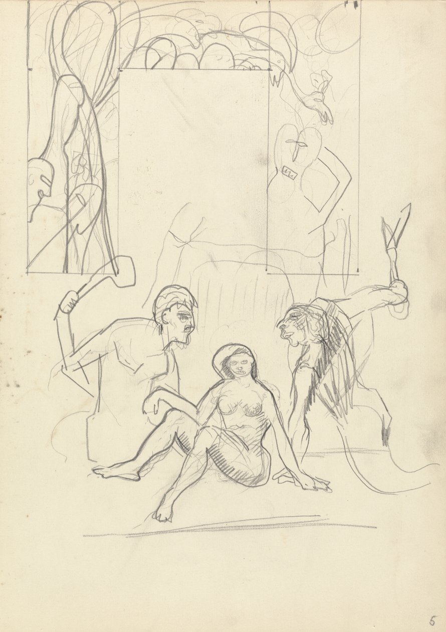 Tervezés egy dekoratív ajtóhoz: Primitív emberek, az Aranyborjú barlangjához (grafit) (lásd a 265070-es verziót) alkotó: Spencer Frederick Gore