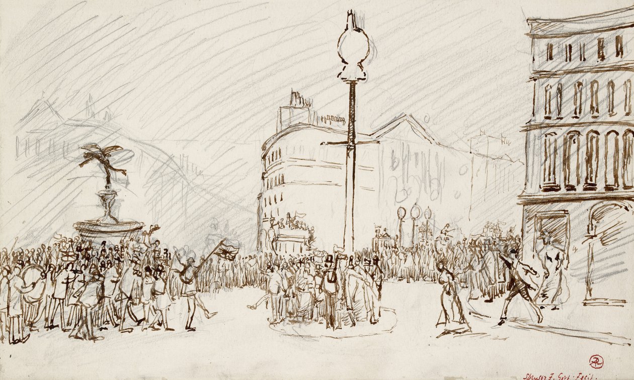 Utcai jelenet – Piccadilly Circus (toll, barna tinta és grafit) alkotó: Spencer Frederick Gore