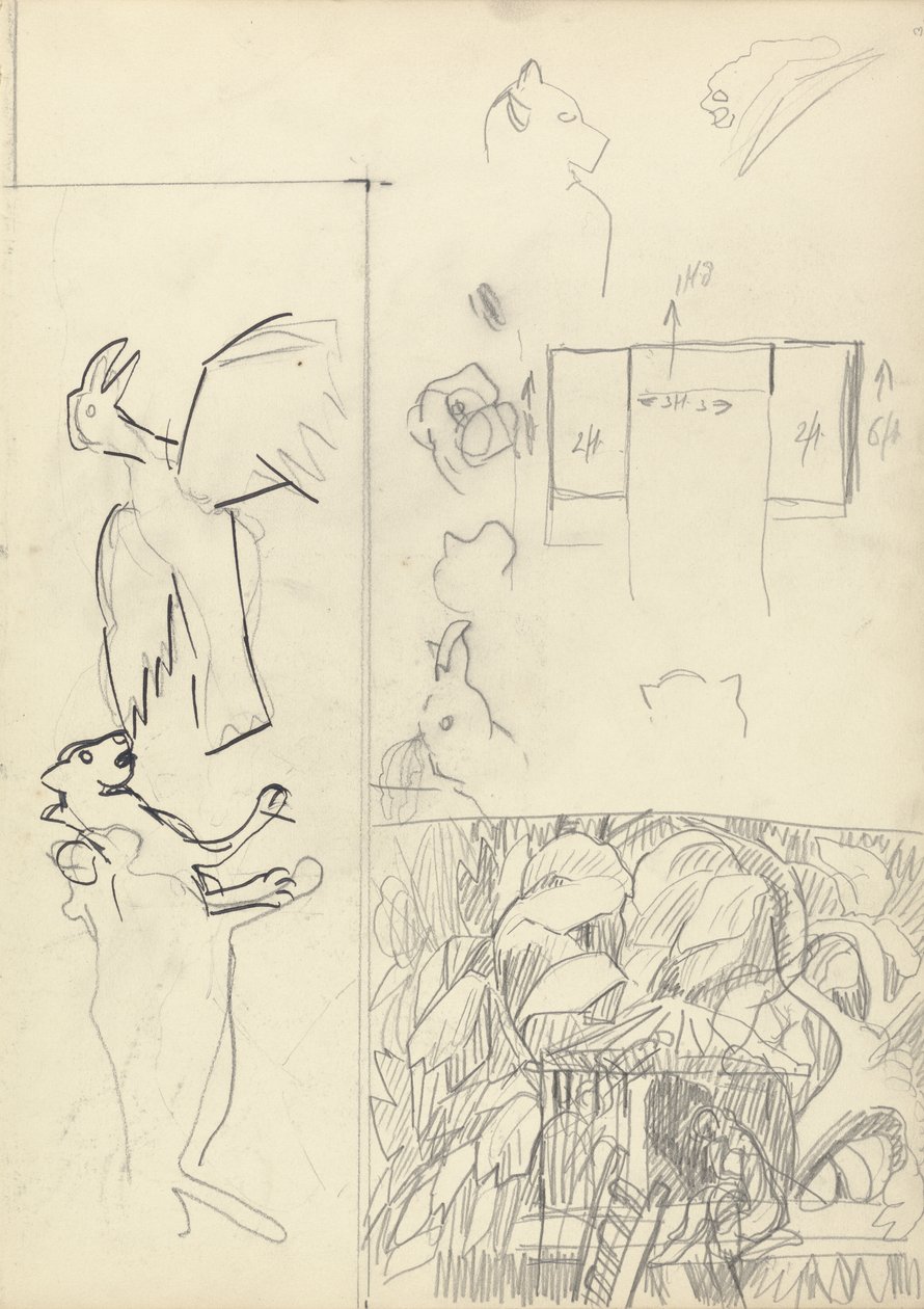 Tanulmányok faházakról, állatokról és az Aranyborjú-barlang alaprajzáról (grafit és fekete tinta) (lásd a 265066-os számot) alkotó: Spencer Frederick Gore