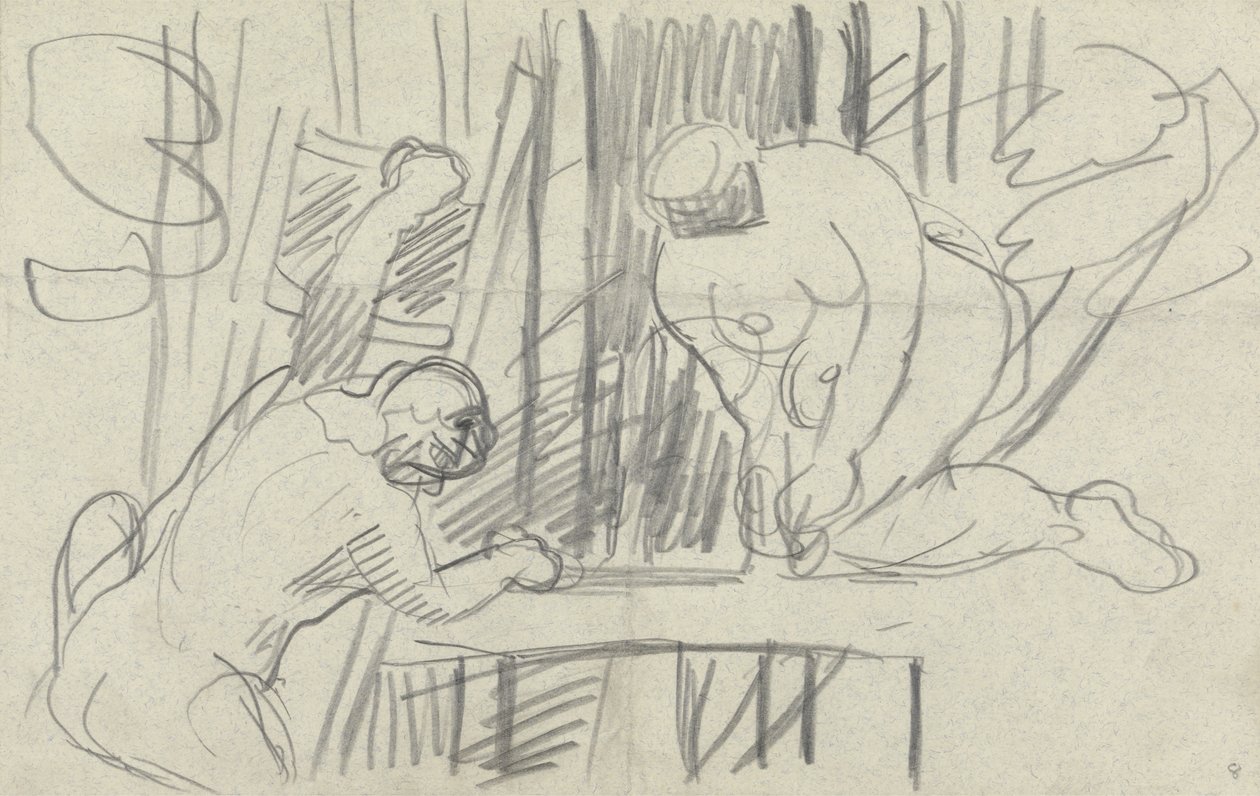 Tanulmány egy faházról primitív emberekkel, az Aranyborjú barlangjához (grafit) (lásd a 265076-os verziót) alkotó: Spencer Frederick Gore