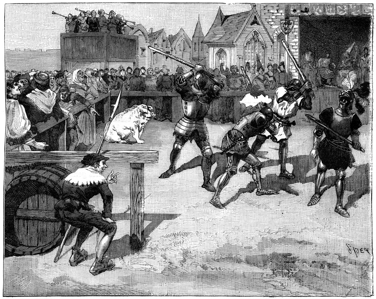 Négy vak férfit helyeztek egy ringbe, hogy harcoljanak egy nagy disznóval, 14-15. század 1882-1884. alkotó: Spex