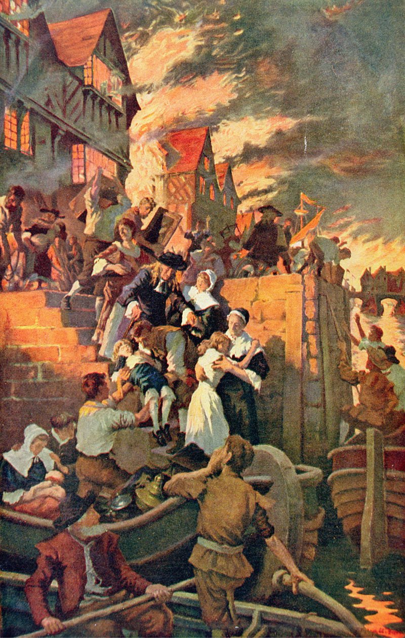A londoni nagy tűzvész 1666-ban, illusztráció Hutchinson „The Story of the British Nation” című művéből, 1920 körül (színes litó) alkotó: Stanhope Alexander Forbes