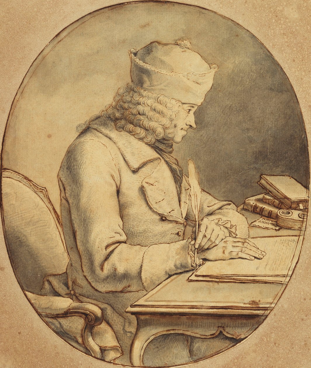 Voltaire egy íróasztalnál ül sapkát viselve, profilban balra, 1765 körül alkotó: Stanislas Jean
