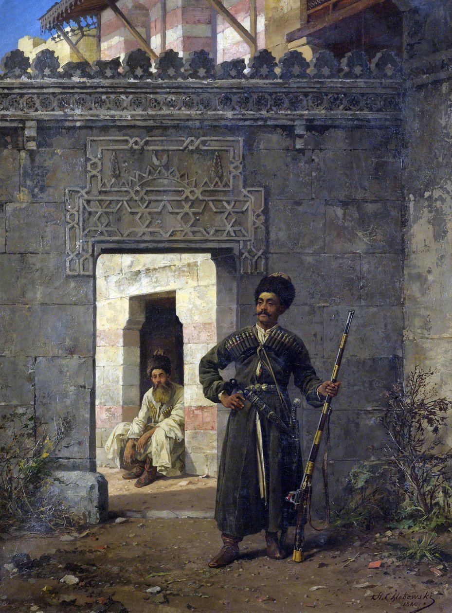 Stanislav Khlebovsky (Khlebovski) (1835-1884) festménye "Les gardes tcherkesses" (Cerkesz őrök) - 1880 - Olaj, vászon Mérete 55,5x41,2 cm Magángyűjtemény alkotó: Stanislaus von Chlebowski