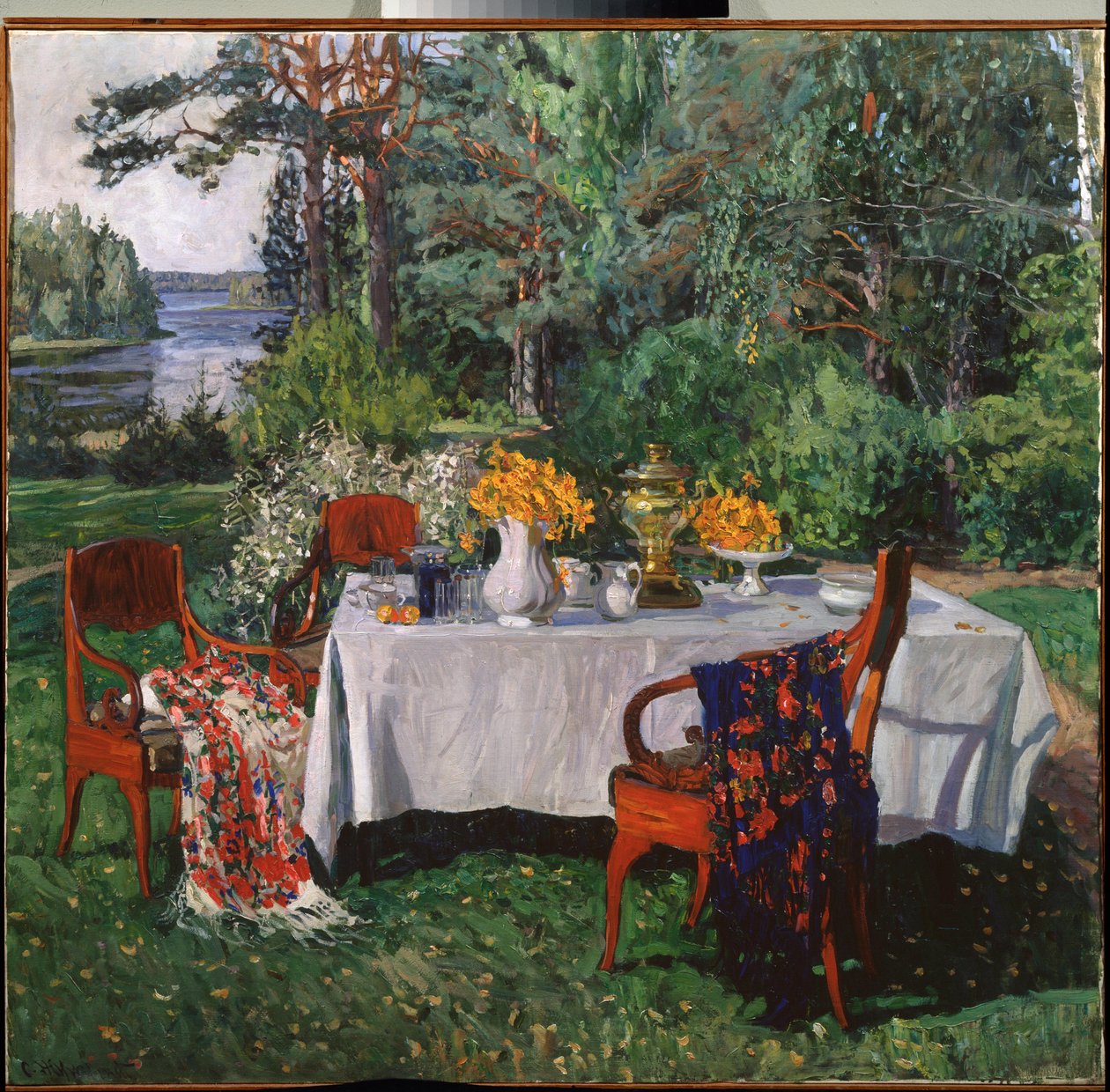 A terasz előtt. Sztanyiszlav Julianovics Zsukovszkij (Zsukovszkij) (1873-1944) festménye, olaj, vászon alkotó: Stanislav Joulianovitch Joukovski