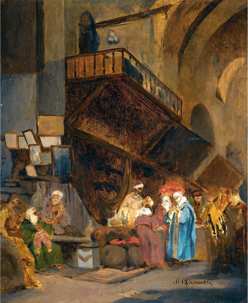 Bazar a Konstantinápoly - Peinture de Stanislaw Chlebowski (1835-1884), orientalisme - Bazár Konstantinápolyban - Olaj, fa, Stanislav Khlebovsky (1835-1884) - 26x21 cm - Magángyűjtemény alkotó: Stanislaw Chlebowsky
