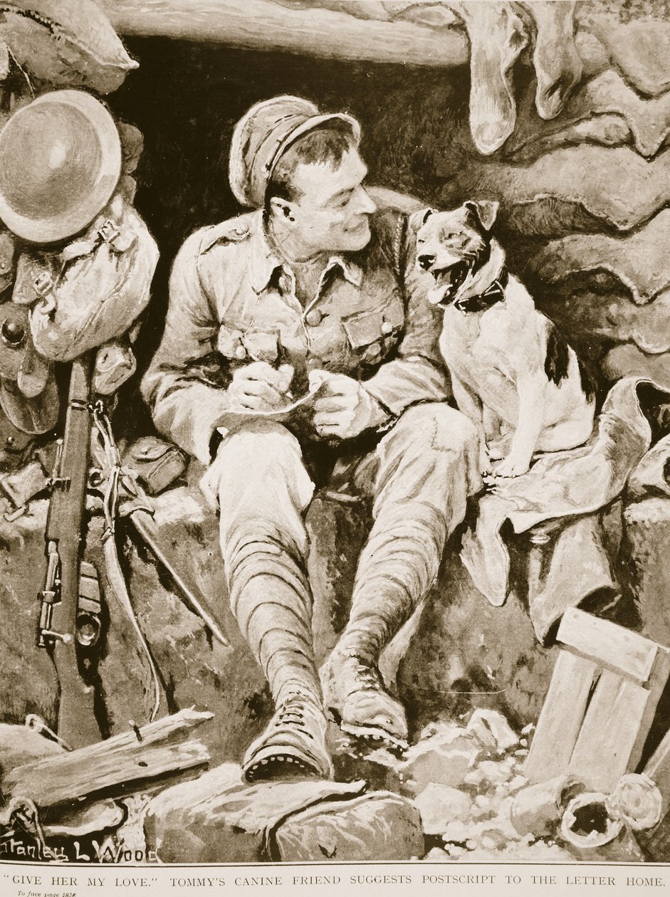 Adja meg neki a szerelmemet, Tommys kutyabarátja javasolja a The Letter Home utóiratát, a War Illustrated c. 1916 alkotó: Stanley L. Wood