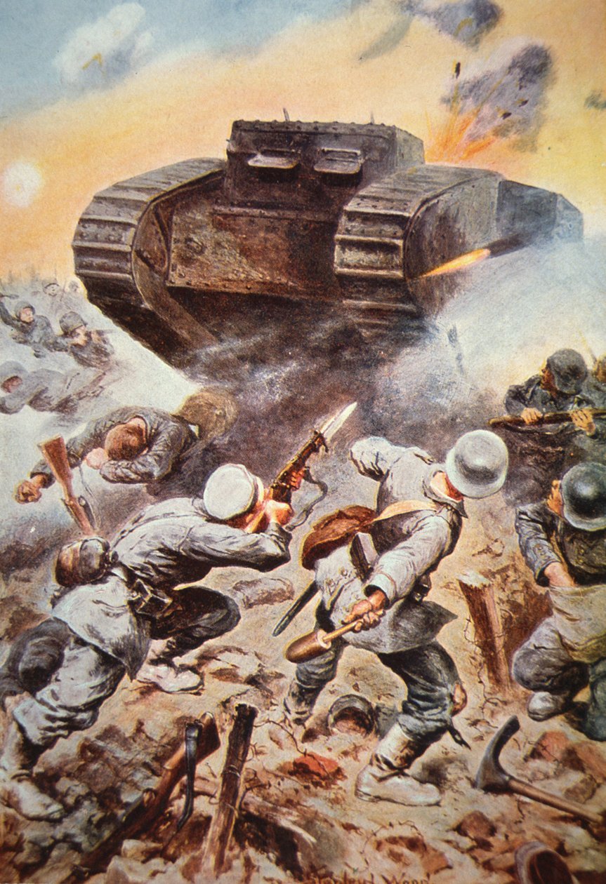 Brit tank harcban németek ellen a nyugati fronton az első világháborúban alkotó: Stanley L. (after) Wood