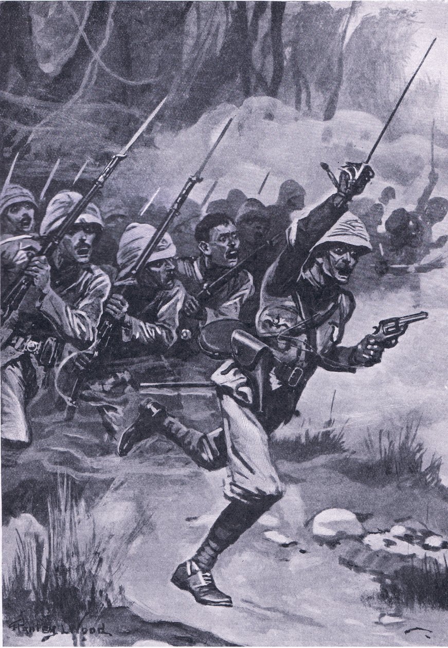 A britek az Ashantis ellen Amoafulnál támadásban, 1874. január 31., illusztráció a brit szárazföldi és tengeri csatákból, 1915 alkotó: Stanley L. Wood