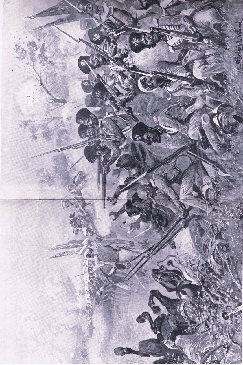 Chilianwala, 1849. január 13.: Goddys Brigád vitézül kiáll, amikor szikhek veszik körül, illusztráció a brit szárazföldi és tengeri csatákból, 1915 alkotó: Stanley L. Wood
