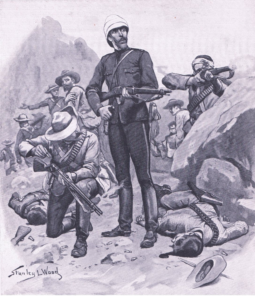 Buller ezredes az Inhlobane-hegyen, 1879. március, illusztráció a brit szárazföldi és tengeri csatákból, 1915 alkotó: Stanley L. Wood
